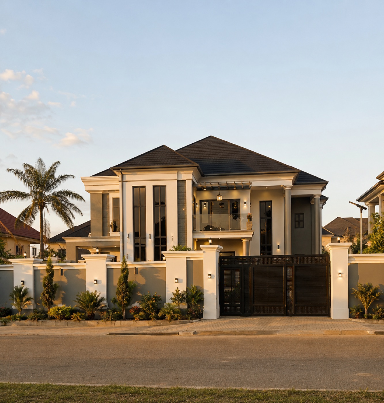 A finished modern home, photographed from the street.